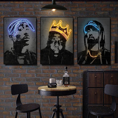 Abstract Neon Design Rapper Star Posters 2Pac Hip Hop Singers Wall Art Pictures Graffiti Art Canvas Painting Home Room Bar Decor
