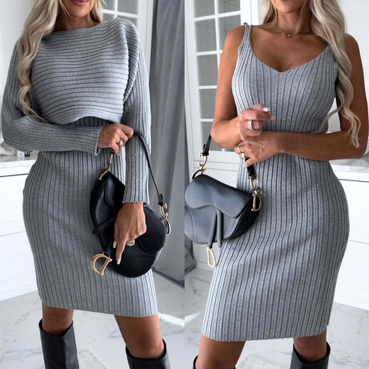 Autumn/Winter Slim Fit Set – Striped Top & Bodycon Skirt